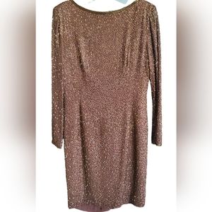 A.J. Bari elegant beaded plunging-back silk evening gown copper color size 10